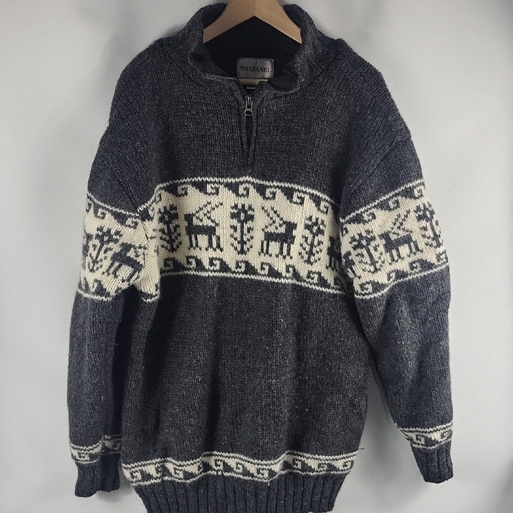 Charcoal Zip-Up Sweater with Nordic Design